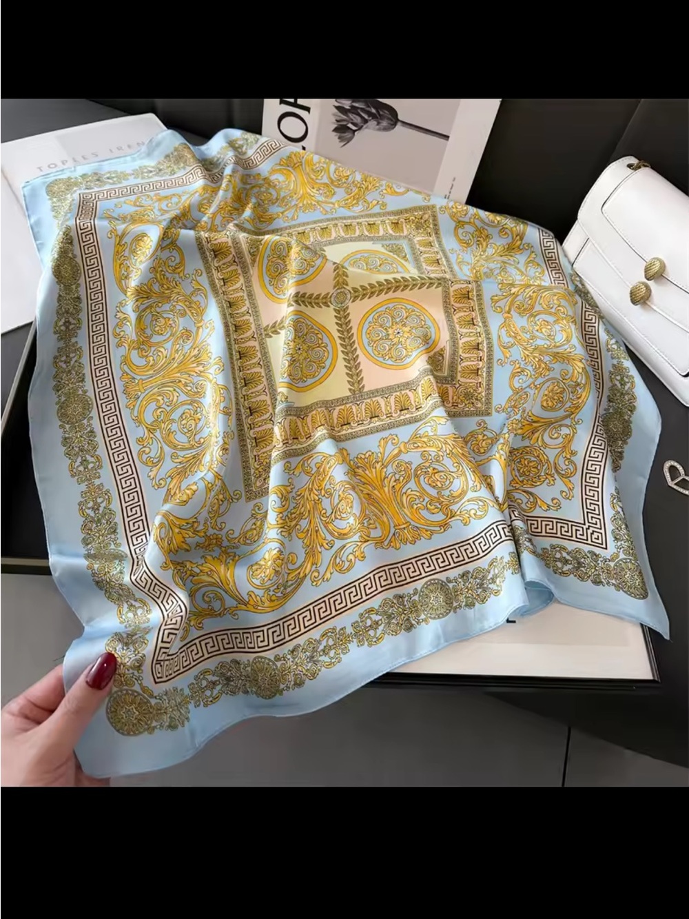 Luxury Blue & Gold Faux Silk Scarf - Picture 2 of 3